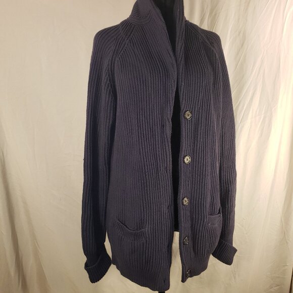 Lands End Navy Blue Ribbed Knit Cardigan - M - Picture 1 of 5